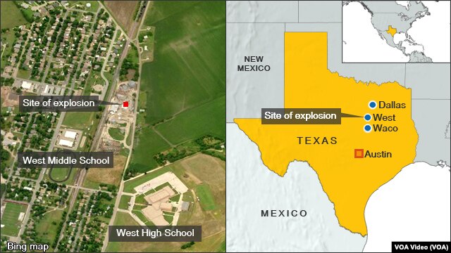 Carte de l'explosion de l'usine d'engrais au Texas