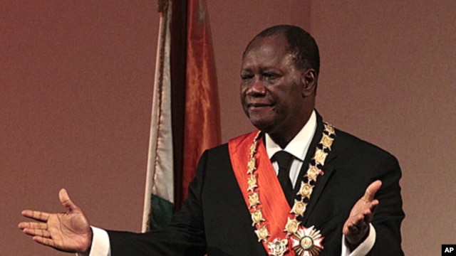 Alassane Ouattara gestures during his inauguration ceremony, in Yamoussoukro, Ivory Coast, May 21, 2011.