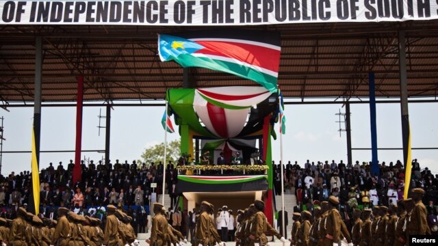 Members of the Sudan People's Liberation Army (SPLA) march during celebrations to mark the first anniversary of South Sudan's independence in Juba, July 9, 2012.  
