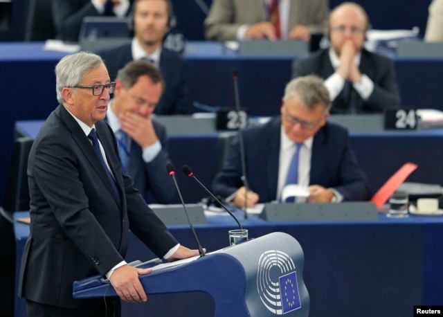 European Commission President Jean-Claude Juncker addresses the European Parliament in Strasbourg, France, Sept. 9, 2015.