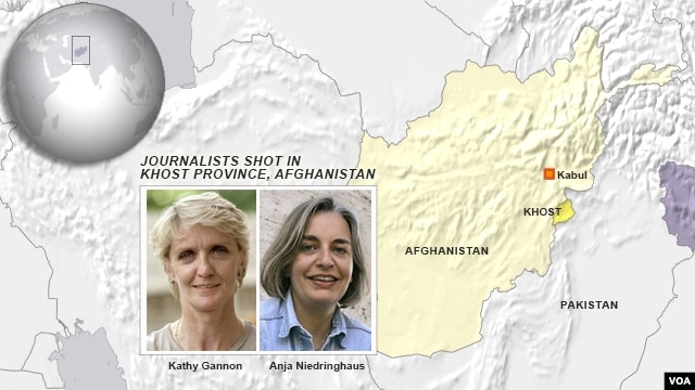 Hai phóng viên Kathy Gannong và Anja Niedringhaus bị bắn trong tỉnh Khost ở miền đông Afghanistan, ngày 4/4/2014. Phóng viên nhiếp ảnh đoạt giải Pulitzer Anja Niedringhaus đã thiệt mạng, và Kathy Gannon, một phóng viên AP từng đoạt giải thưởng, bị thương.