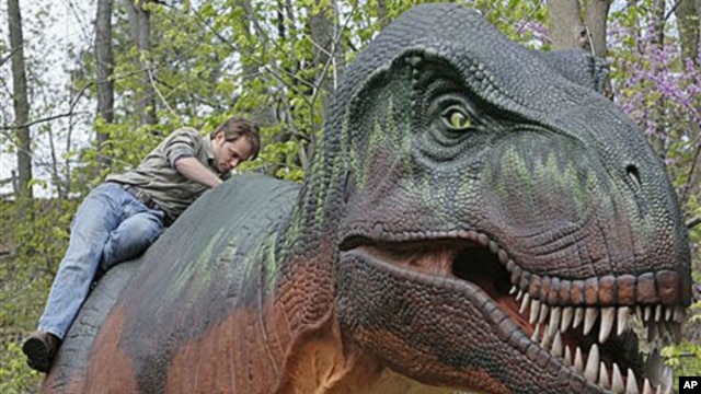Patrick Cupp puts the finishing touches on a robotic model of a Tyrannosaurus rex at the Cleveland Metroparks Zoo in Cleveland, April 2010. 