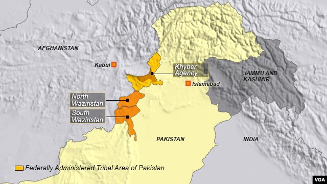 Khu vực bộ tộc Khyber và Nam, Bắc Waziristan, nơi ẩn náu của phe Taliban ở Pakistan và những phần tử nổi dậy người Afghanistan.