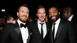 (ဝဲမွာယာ) Michael Fassbender, Benedict Cumberbatch, နဲ႔ Steve McQueen အေကာင္းဆံုး႐ုပ္ရွင္ဇာတ္ကားဆုရ '12 Years a Slave,' မွ (ဇန္နဝါရီ ၁၂၊ ၂၀၁၄)