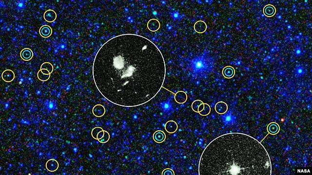 This zoomed-in view of a portion of the all-sky survey from NASA's Wide-field Infrared Survey Explorer shows a collection of quasar candidates. Quasars are supermassive black holes feeding off gas and dust. (NASA)