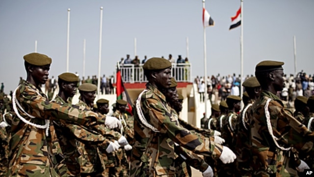 Soldiers of the Sudan People's Liberation Army march during a rehearsal for independence celebrations in the southern capital of Juba, July 5, 2011