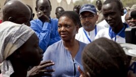 United Nations Under-Secretary-General for Humanitarian Affairs and Emergency Relief Coordinator for South Sudan, Valerie Amos, engages with local government officials and humanitarian aid workers in the village of Walgak, South Sudan on Thursday, Feb. 2,