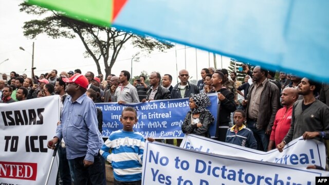 Hundreds of Eritreans demonstrate in front of the African Union headquarters in support of the UN Inquiry report and asking for measures to be taken against Eritrea on June 26, 2015 in Addis Ababa.