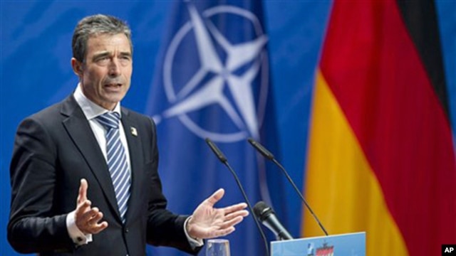 NATO Secretary General Anders Fogh Rasmussen at the Berlin ministerial meeting, April 15, 2011