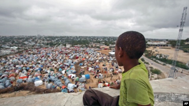 A boy sits looking over the Seyidka settlement for the famine-stricken internally displaced people in Berkulan, near Somalia's capital Mogadishu, September 6, 2011.