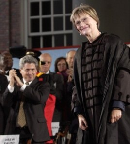 Harvard President Drew Gilpin Faust pauses during applause after being inaugurated as the first woman to lead Harvard. ( Friday, Oct. 12, 2007)