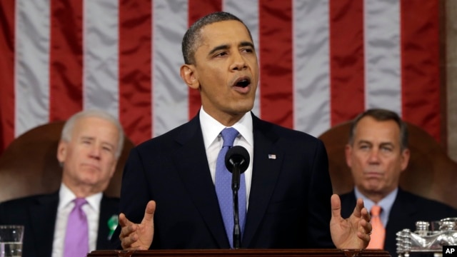 FILE - President Barack Obama, flanked by Vice President Joe Biden and House Speaker John Boehner of Ohio, gives his State of the Union address during a joint session of Congress on Capitol Hil, Feb. 12, 2013. 