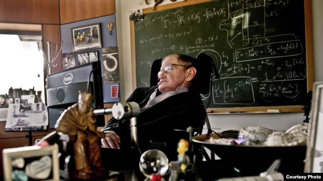 Stephen Hawking in his office at University of Cambridge, where he founded the Centre for Theoretical Cosmology. (Science Museum)