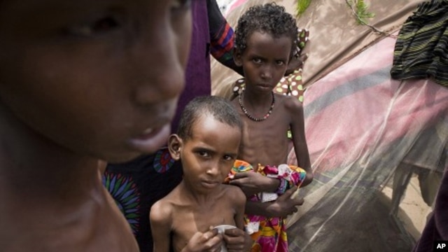 In this Saturday, Aug.13, 2011 photo released by the UNHCR severely malnourished children look on at the Al-Adala internally displaced people settlement in Mogadishu, Somalia