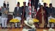 FILE - Kalyan Shrestha, left, Nepal's chief justice at the time, administers the presidential oath of office to Bidhya Bhandari, fourth from left, at the presidential building in Kathmandu, Oct. 29, 2015. Shrestha retired Tuesday, and Sushila Karki was named his successor.