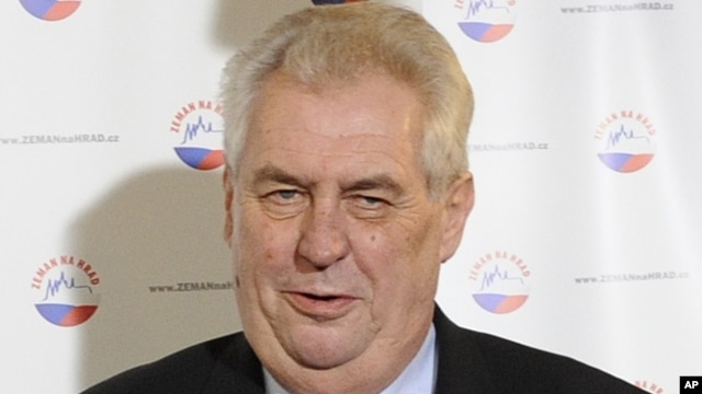 Presidential candidate Milos Zeman, who won the first round vote of presidential elections in the Czech Republic, speaks to the press in Prague, Jan. 12, 2013. 