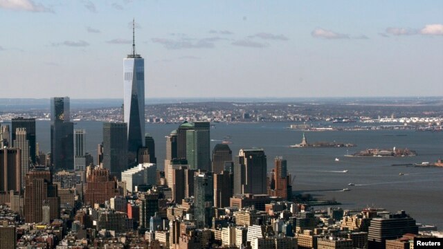 One World Trade Center towers over lower Manhattan in New York, April 16, 2014. 
