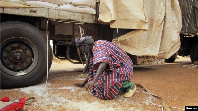 A man gathers rice spilled from a humanitarian food convoy that arrived from the Malian capital Bamako in the northeastern city of Gao, June 12, 2012. 