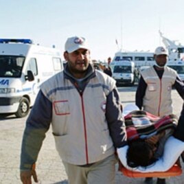An injured man evacuated from the besieged Libyan city of Misrata, arrived in Sfax on an aid ship operated by charity Medecins Sans Frontieres Apr 4 2011