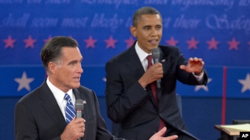 President Barack Obama, right, and Republican presidential candidate Mitt Romney participate in the presidential debate, October 16, 2012, at Hofstra University in Hempstead, New York.