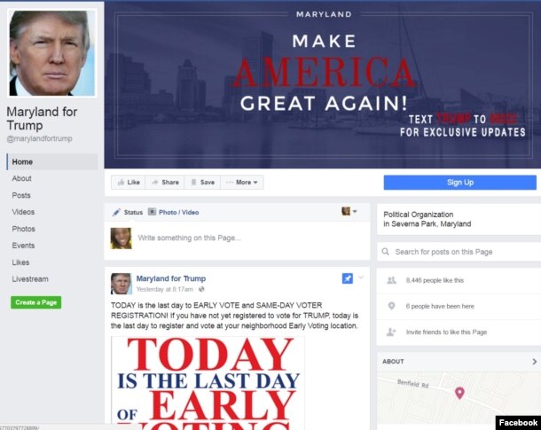 Screenshot of Maryland for Trump Facebook page.