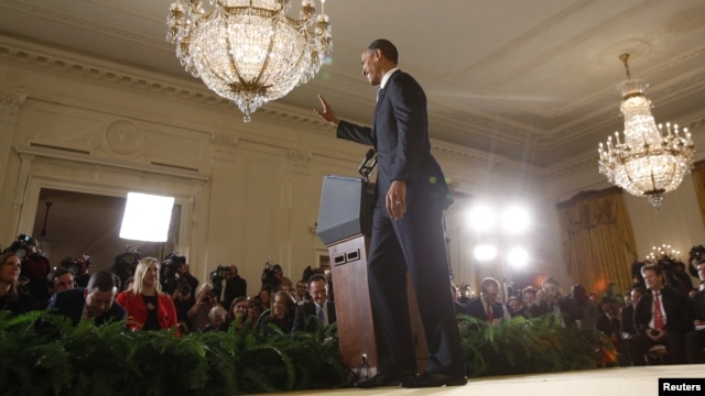 Presiden AS Barack Obama melakukan jumpa pers pertama di Gedung Putih sejak terpilih kembali, Rabu (14/11). 