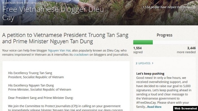 Thỉnh nguyện thư của Ủy ban Bảo vệ Ký giả quốc tế CPJ kêu gọi Việt Nam phóng thích blogger Điếu Cày Nguyễn Văn Hải.