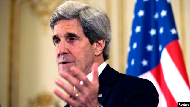 U.S. Secretary of State John Kerry speaks during a news conference at the U.S. ambassador's residence in Paris, March 30, 2014.