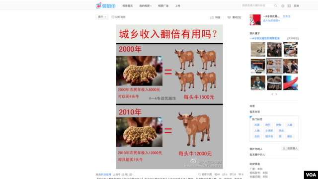 A screenshot of a Weibo message commenting on Hu Jintao's pledge to double Chinese people's income by 2020, November 12, 2012. (VOA)