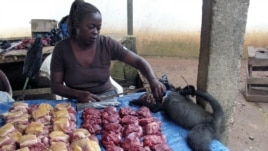 Poachers sell their produce at bush markets like this one in Gabon, where the trader is  displaying bush pigs, duikers, and monkeys for sale (December 2007 file photo)
