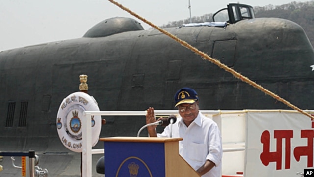 Indian Defense Minister A.K. Antony speaking at the induction ceremony of the INS Chakra II nuclear-powered submarine at the naval shipyard in Visakhapatnam, Andhra Pradesh, April 4, 2012.