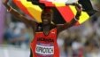 Uganda's Stephen Kiprotich celebrates after crossing the finish line to win gold in the men's marathon at the 2012 Summer Olympics Sunday, Aug. 12, 2012,  London. 