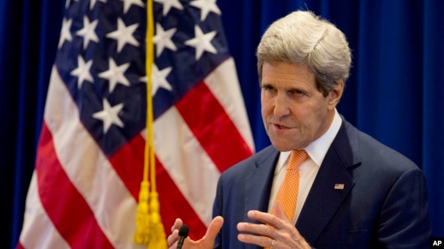 U.S. Secretary of State John Kerry speaks during a press conference concluding his visit to Naypyitaw to participate in the 47th ASEAN Foreign Ministers meeting in Naypyitaw, Myanmar,  Aug. 10, 2014.