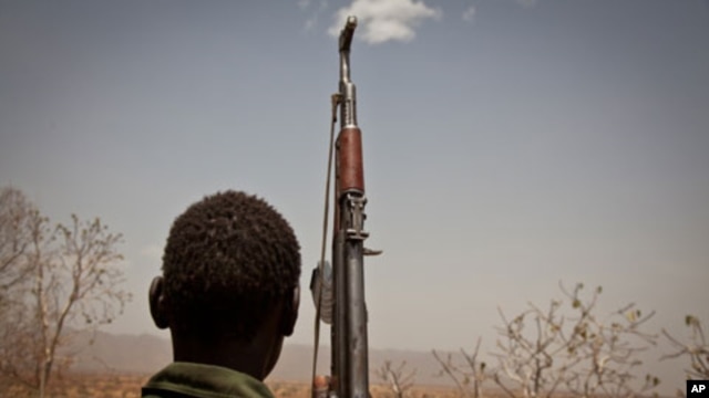 A Sudan People's Liberation Movement  rebel soldier looks out toward Talodi, in South Kordofan, a region of Sudan on April 25, 2012.