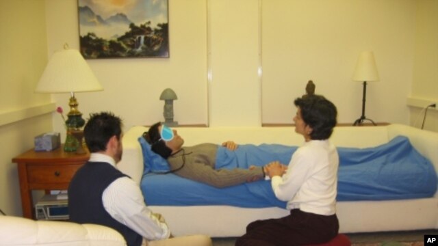 A volunteer, during a supervised psilocybin session at Johns Hopkins University, participating in a clinical trial that explores the link between the psychedelic state and mystical experience.