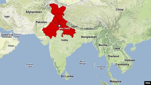 A map showing the eight states suffering from the power outage in northern India including Jammu and Kashmir, Himachal Pradesh, Punjab, Haryana, Uttar Pradesh, Delhi, Uttarakhand and Rajasthan.