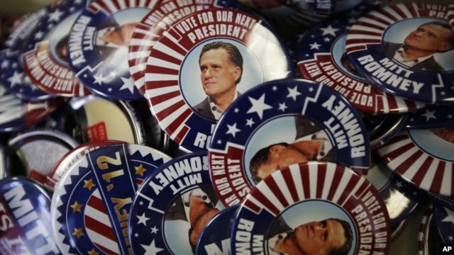Republican presidential candidate and former Massachusetts Gov. Mitt Romney campaign buttons are displayed ahead of the Republican National Convention in Tampa, Fla., on Aug. 26, 2012. 
