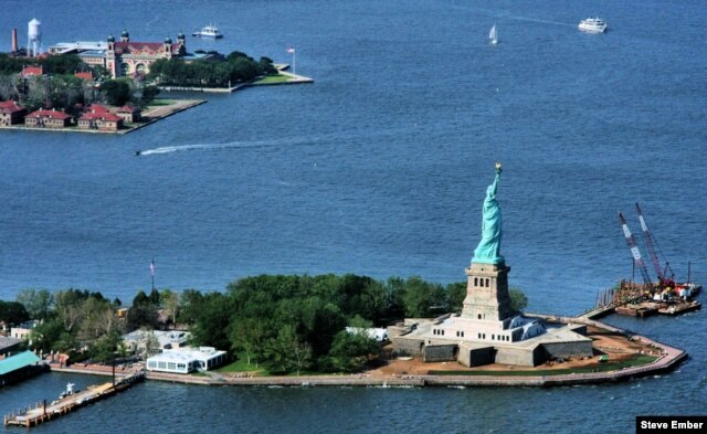 This helicopter view shows how close the Statue of Liberty is to Ellis Island. Arriving immigrants would sail past "Lady Liberty" on their way to Ellis Island.