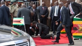Zimbabwean President Robert Mugabe, center, falls after addressing supporters upon his return from an African Union meeting in Ethiopia, Wednesday, Feb. 4, 2015.