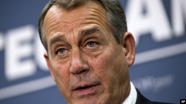 Speaker of the House John Boehner, R-Ohio, joined by the Republican leadership speaks to reporters about the fiscal cliff negotiations with President Obama following a closed-door strategy session, at the Capitol in Washington, December 18, 2012. 