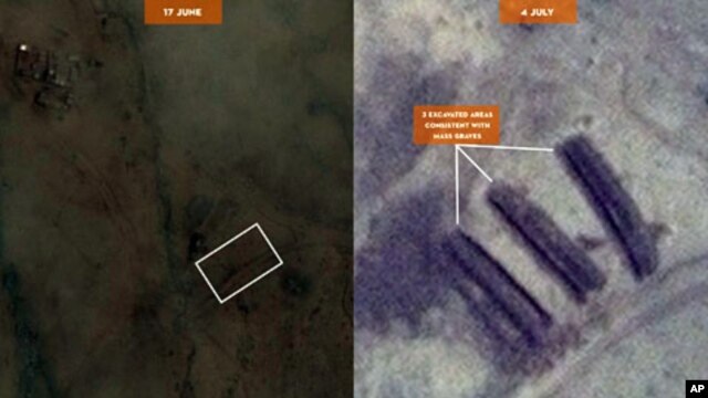 DigitalGlobe images taken 6/17/11 and 7/4/11, placed side-by-side for comparison, show three excavated areas positively identified by imagery analysis, independent of eyewitness reports, that corroborate allegations by two eyewitnesses of potential mass g