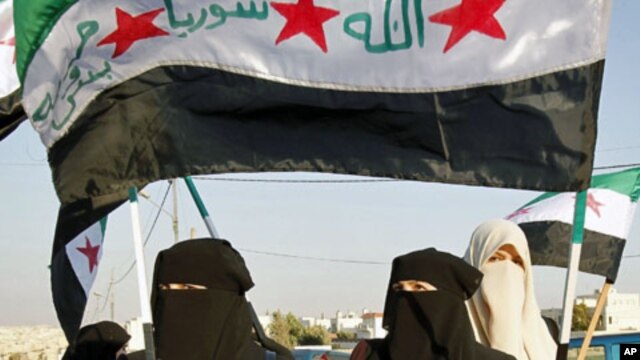 Syrian protesters hold a Syrian flag during a demonstration against President Bashar Al-Assad in front of the Syrian embassy in Amman. The words on the flag read: "God, Syria, just Freedom," July 21, 2011