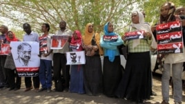 Journalists carry signs demanding freedom of press and expression during a demonstration against the violations of the security services towards the press and journalists outside the Council of the Press and Publication, in Khartoum, Sudan, May 16, 2012.