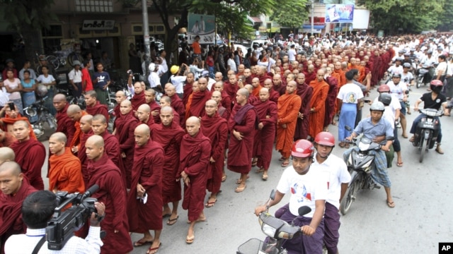 Buddhist monks stage a rally to protest against ethnic minority Rohingya Muslims, Mandalay, Burma, September 2, 2012.