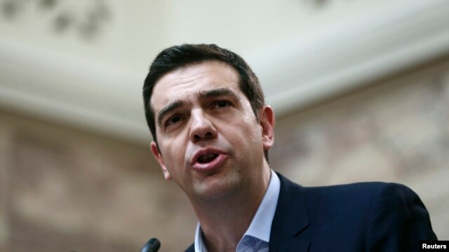 Greek Prime Minister Alexis Tsipras addresses members of his leftist Syriza party in the parliament Feb. 17, 2015. 