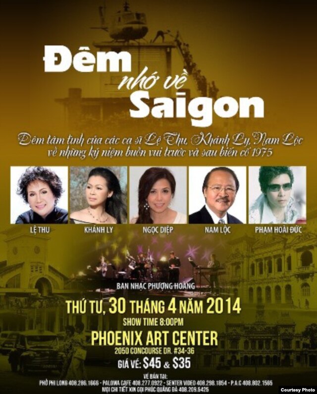 Chương trình “Đêm Nhớ về Saigon” ở San Jose dịp 30/4/2014 dự kiến có Khánh Ly và Lệ Thu tâm tình cùng khán giả nhưng hai ca sĩ đã rút khỏi chương trình (ảnh Bùi Văn Phú)
