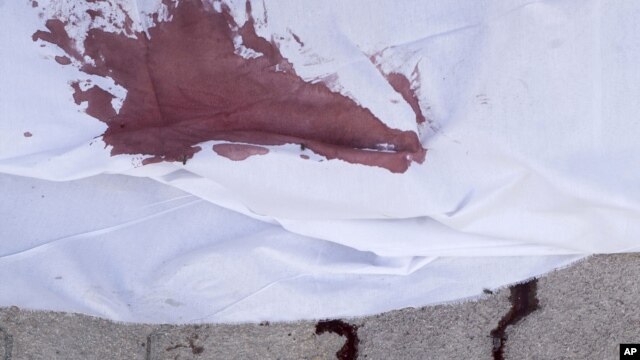 The blood of a Syrian civilian, killed by a Syrian Army sniper, is seen on the sidewalk outside Dar el-Shifa Hospital in Aleppo, September 27, 2012. 