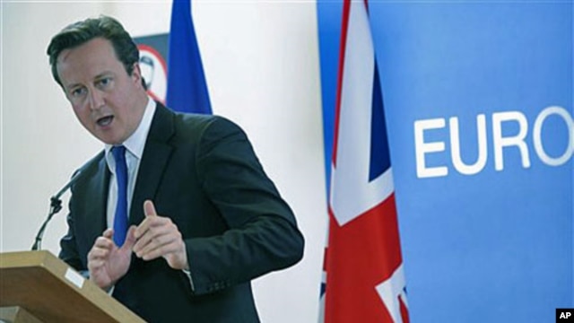 British Prime Minister David Cameron addresses a media conference at an EU summit in Brussels, Belgium, Oct. 23, 2011.