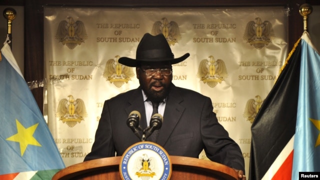 FILE - South Sudan's President Salva Kiir addresses a news conference at the Presidential palace in Juba.