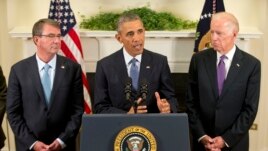 President Barack Obama, with Vice President Joe Biden, right, and Defense Secretary Ash Carter, speaks about Afghanistan, Thursday, Oct. 15, 2015.